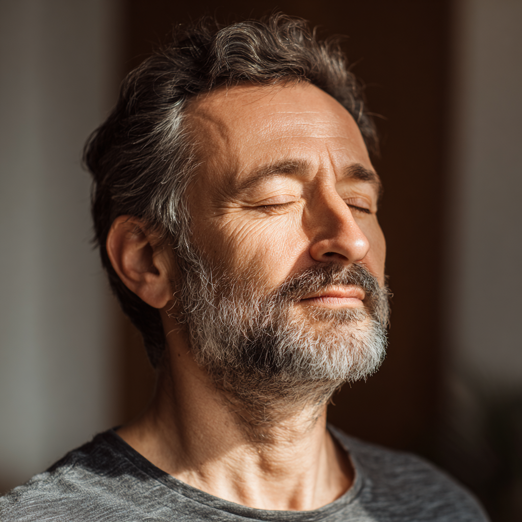 Idősebb magyar férfi meditáció közben, békés arckifejezéssel, természetes fényben ülve